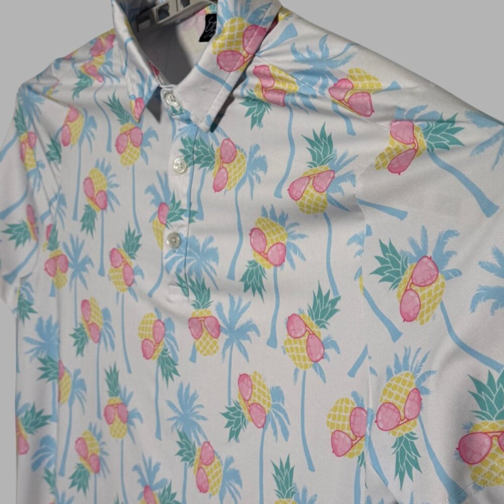 Sunday Swagger Men's Golf Polo Size L White Pineapple Tropical Print